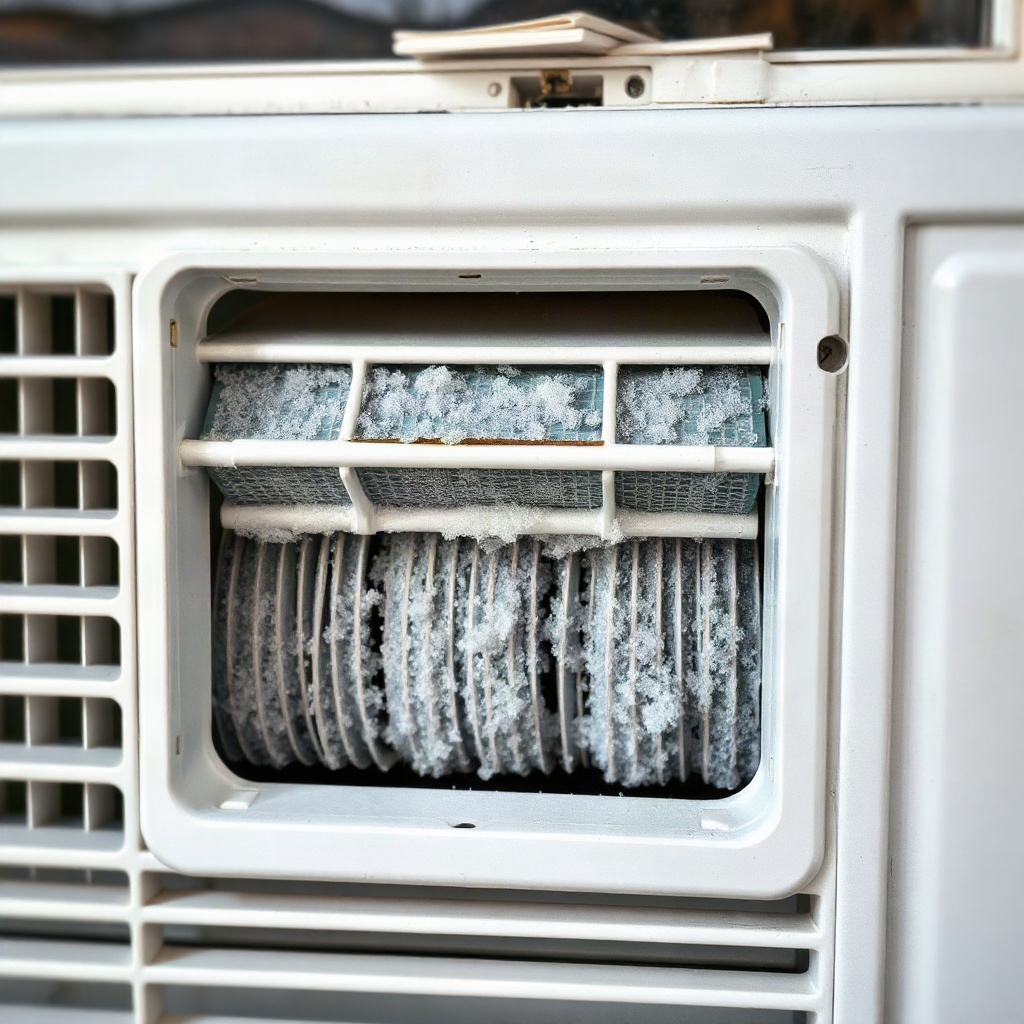 Close up of a window AC unit with frost buildup on the indoor coil visible through the access panel
