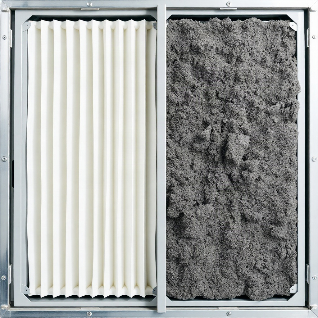 Split screen showing a clean white pleated air filter next to a dark gray clogged one side by side