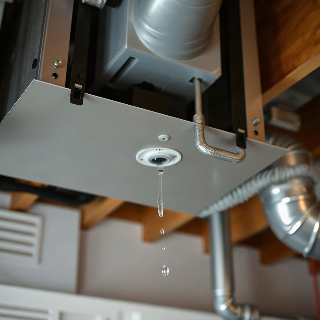 Water dripping visibly from the bottom of an indoor air handler unit mounted in a basement or attic